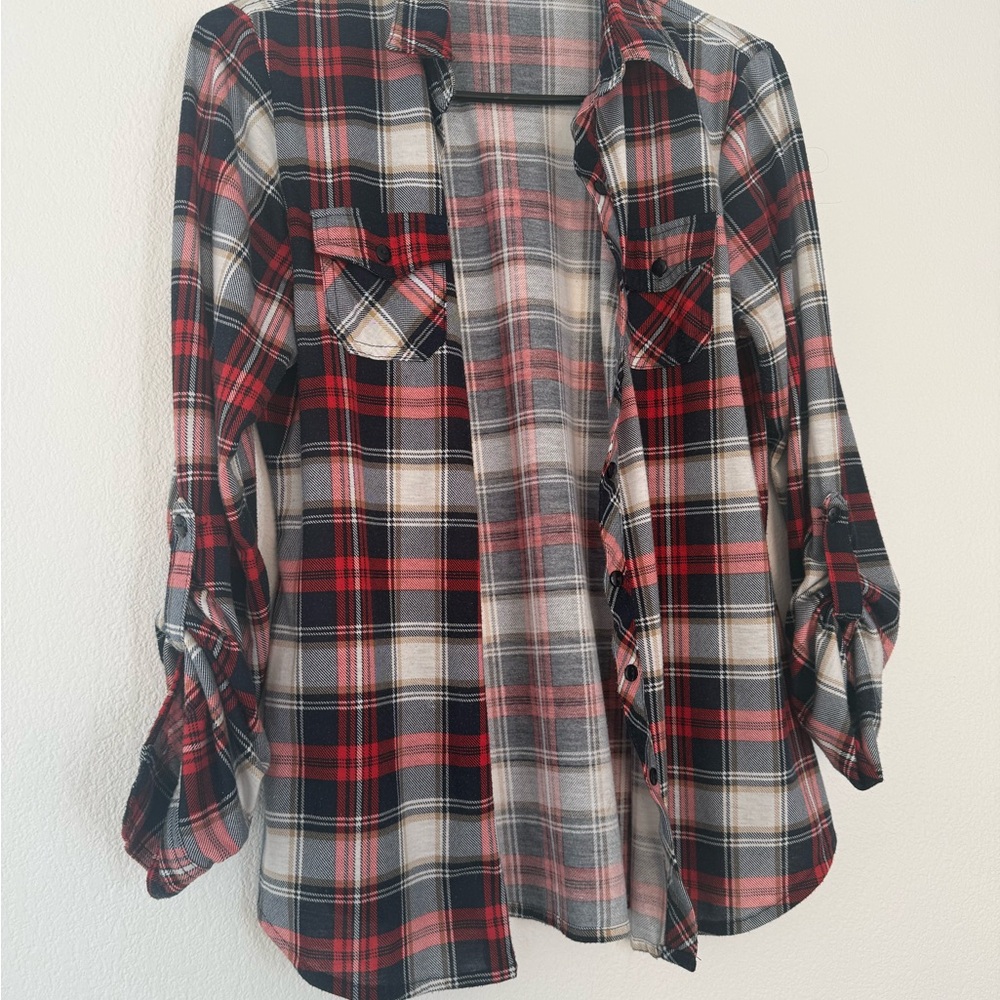 Women’s Red and Black Plaid Button-Up Shirt